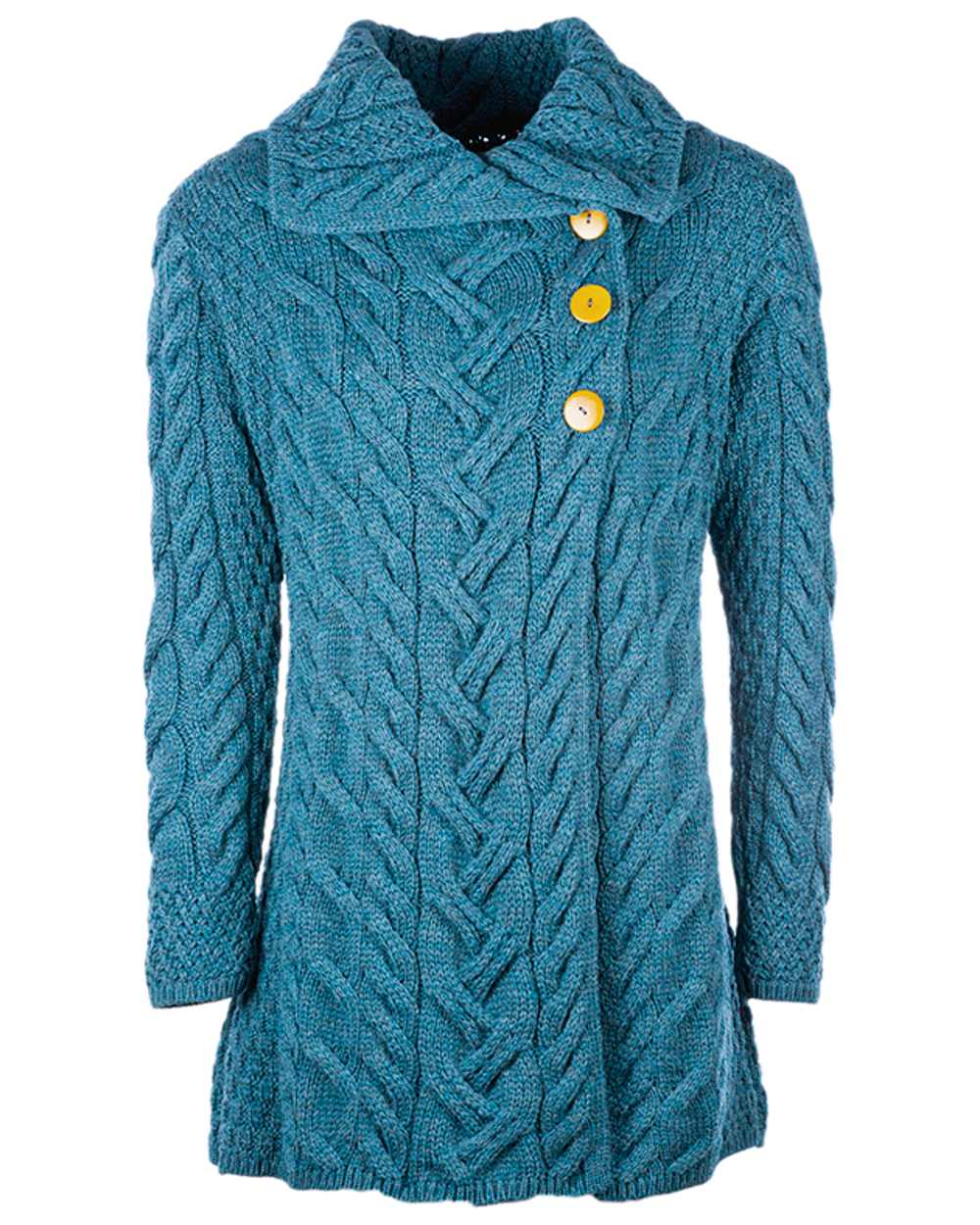 Teal Coloured Aran Supersoft Merino Wool Long Cardigan on white background 