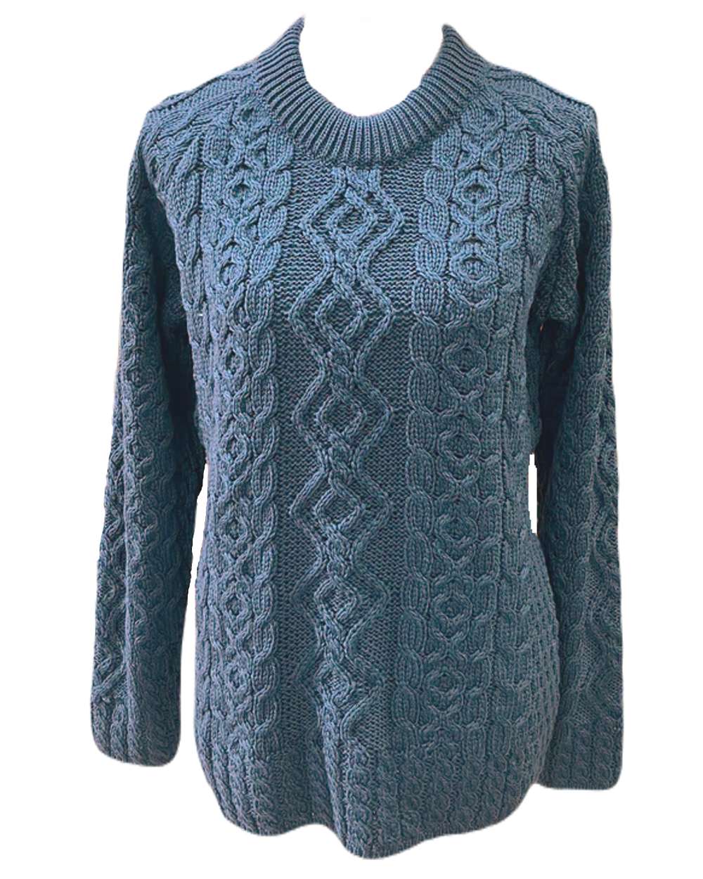 Ocean Grey Coloured Aran Sweater with Raglan Sleeve on white background 