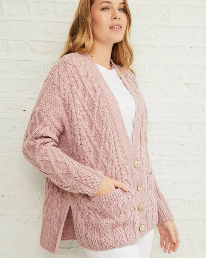 Blush Pink Coloured Aran Valentia Trellis Womens Cardigan on grey background 