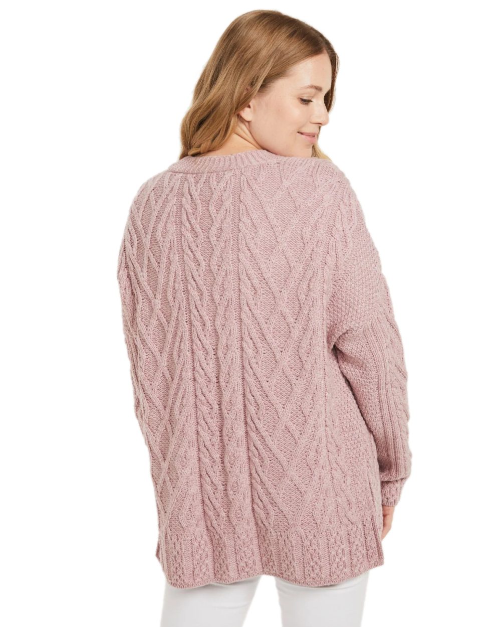 Blush Pink Coloured Aran Valentia Trellis Womens Cardigan on white background 