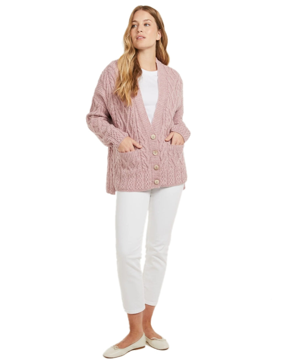 Blush Pink Coloured Aran Valentia Trellis Womens Cardigan on white background 