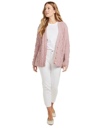 Blush Pink Coloured Aran Valentia Trellis Womens Cardigan on white background 