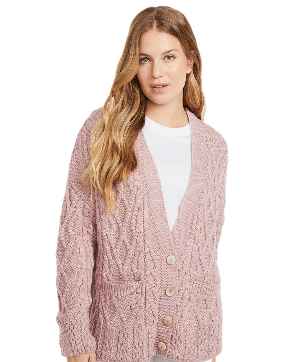 Blush Pink Coloured Aran Valentia Trellis Womens Cardigan on white background 