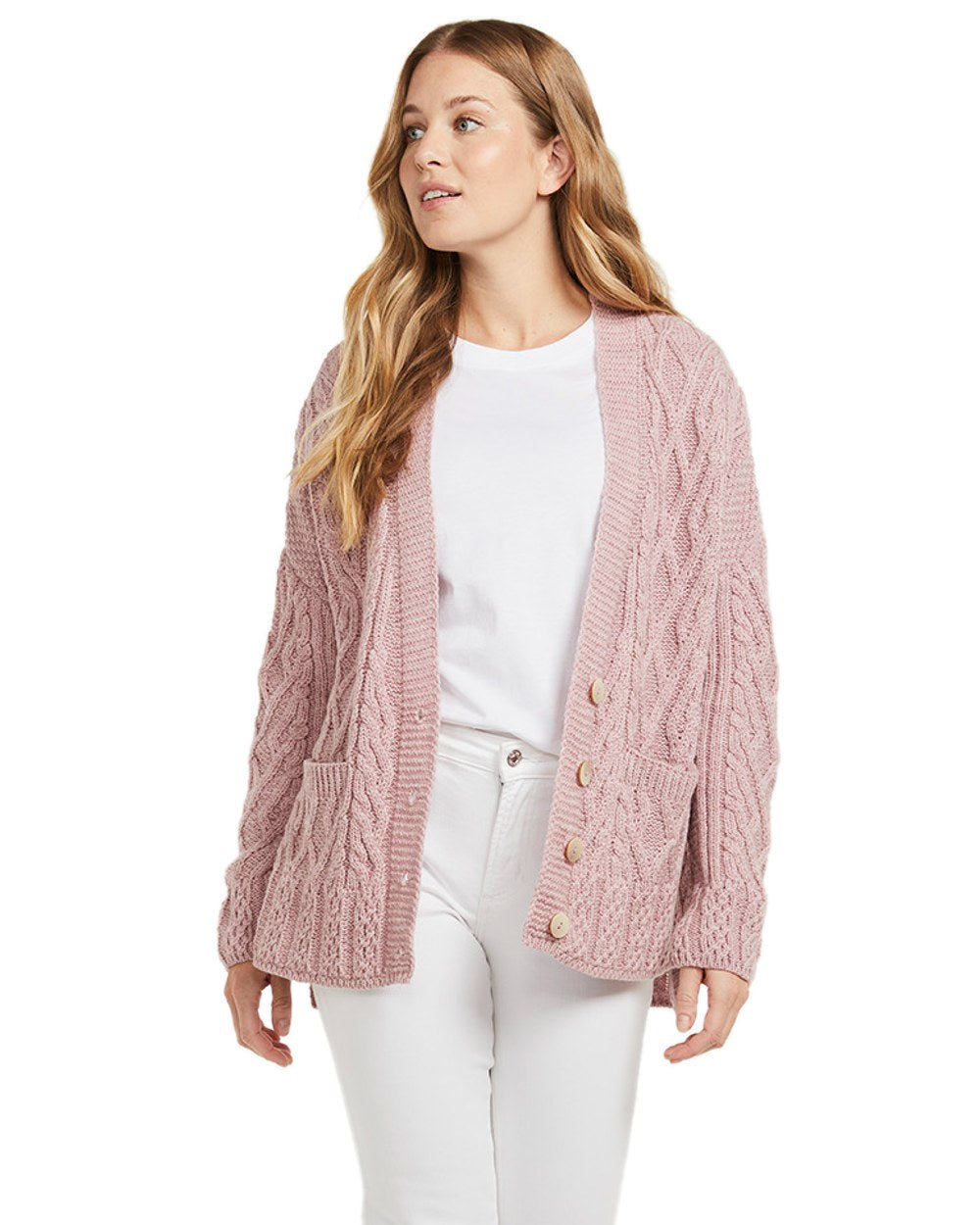 Blush Pink Coloured Aran Valentia Trellis Womens Cardigan on white background 