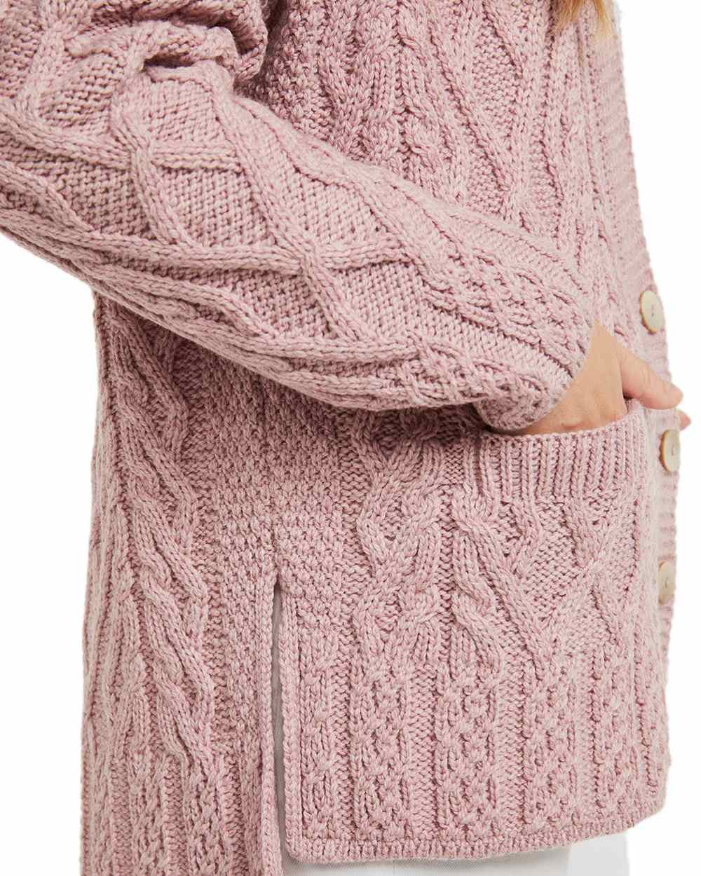 Blush Pink Coloured Aran Valentia Trellis Womens Cardigan on white background 