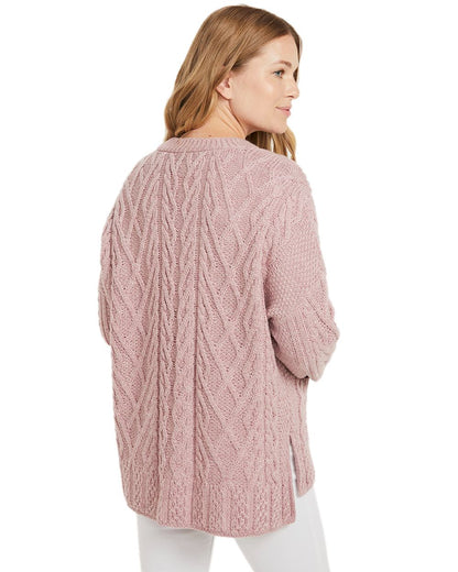 Blush Pink Coloured Aran Valentia Trellis Womens Cardigan on white background 