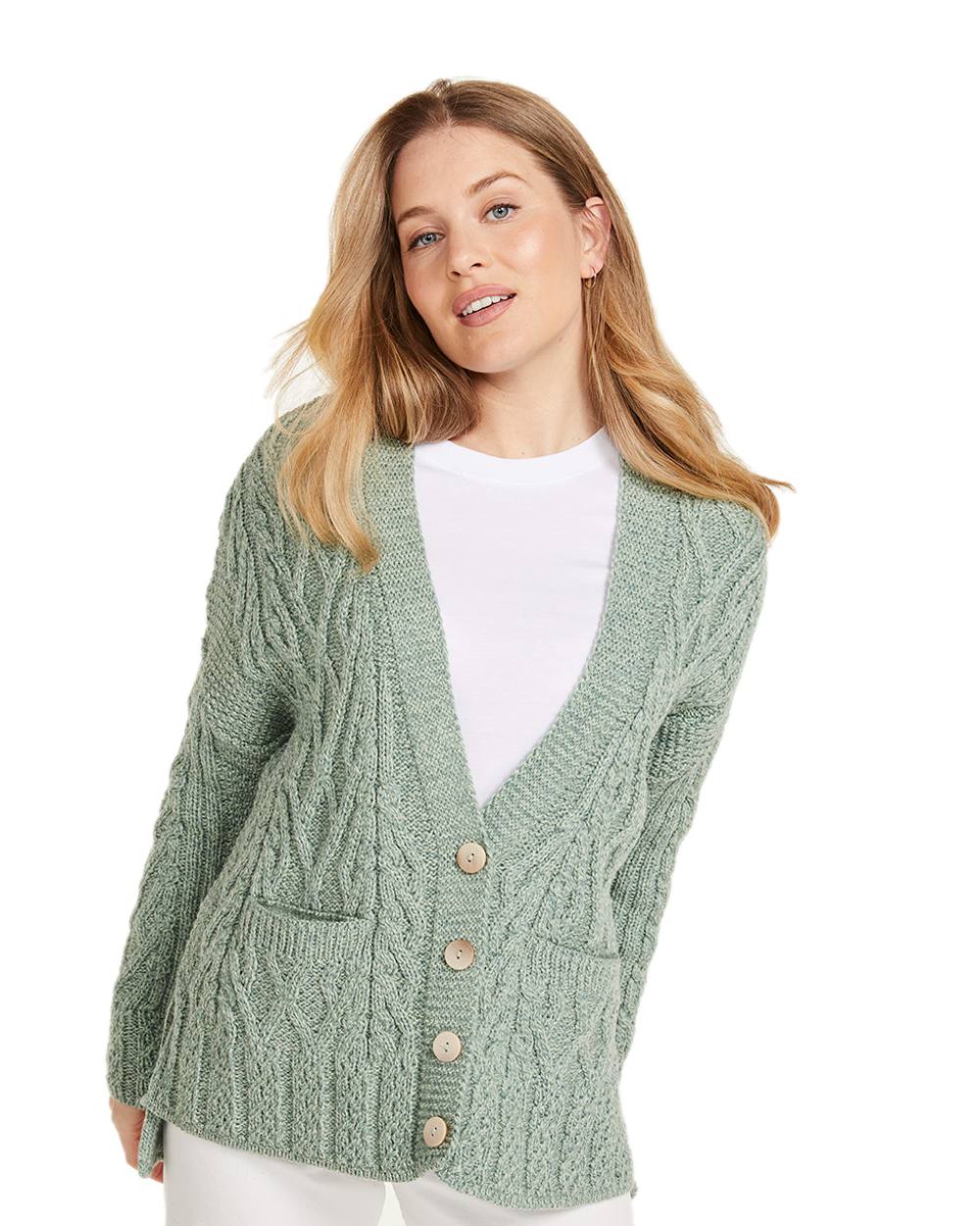 Green Coloured Aran Valentia Trellis Womens Cardigan on white background 