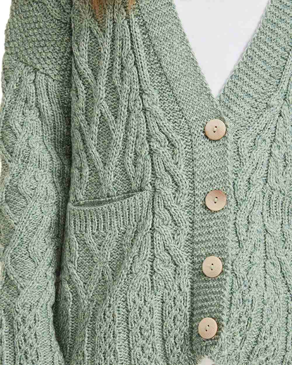 Green Coloured Aran Valentia Trellis Womens Cardigan on white background 