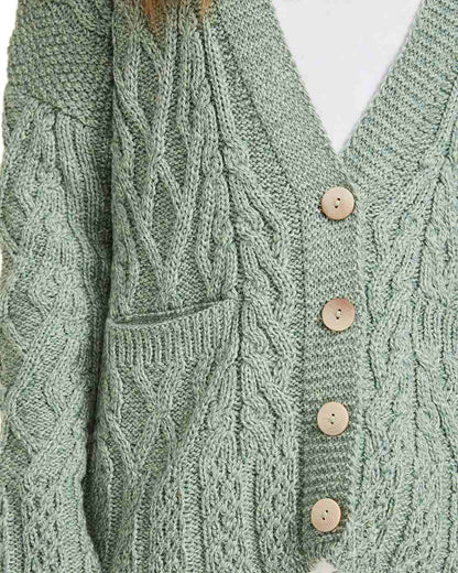 Green Coloured Aran Valentia Trellis Womens Cardigan on white background 