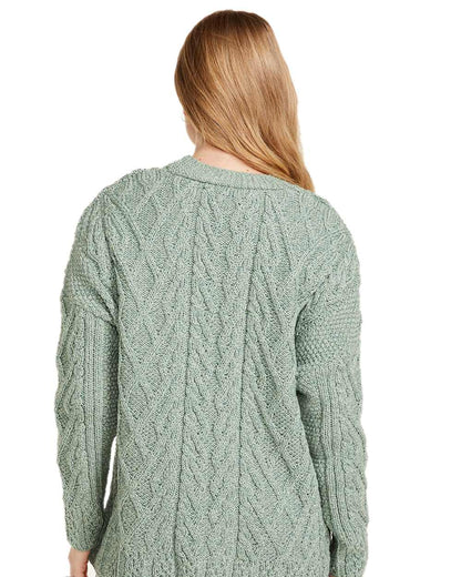 Green Coloured Aran Valentia Trellis Womens Cardigan on white background 