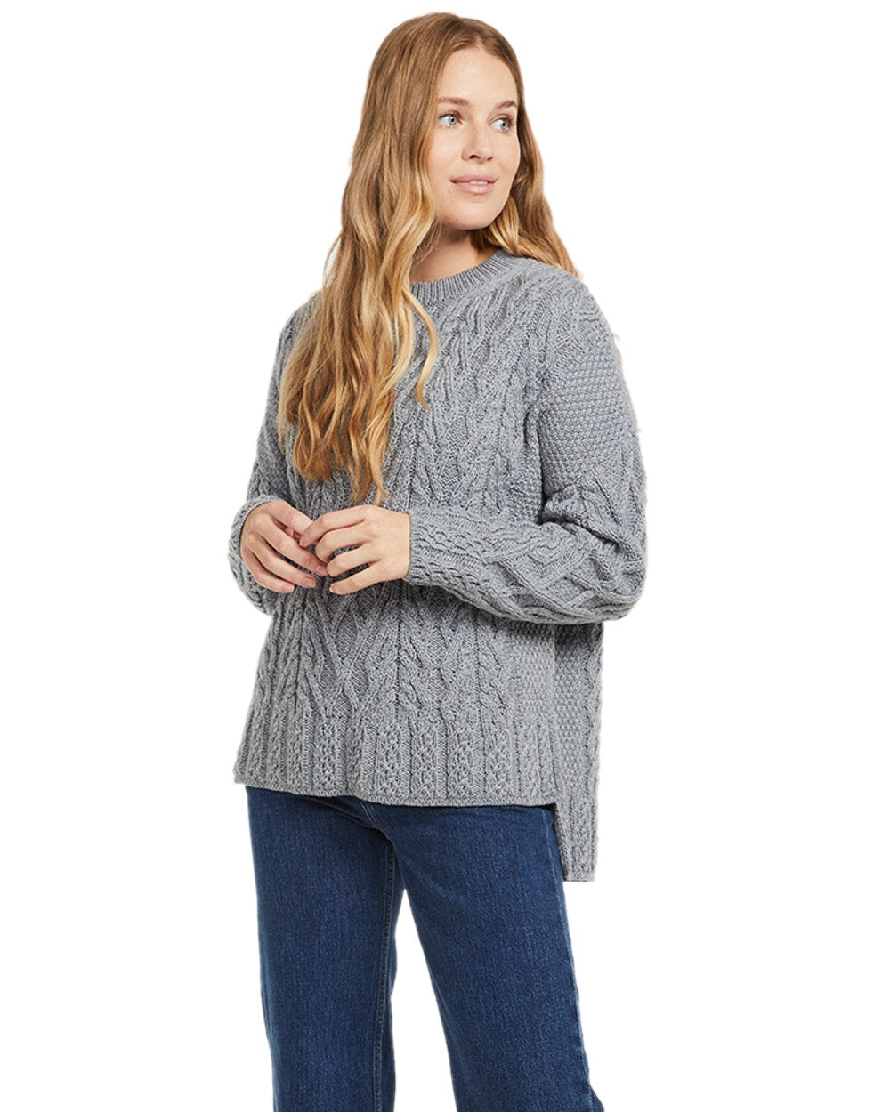 Grey Coloured Aran Vented Box Sweater on white background 