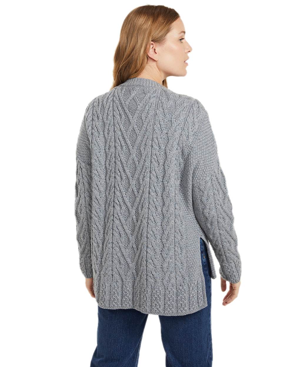 Grey Coloured Aran Vented Box Sweater on white background 