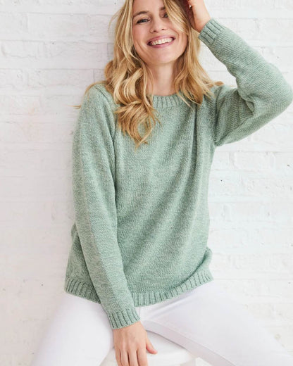 Mint Coloured Aran Womens Aoife Supersoft Crewneck Sweater on indoor background 