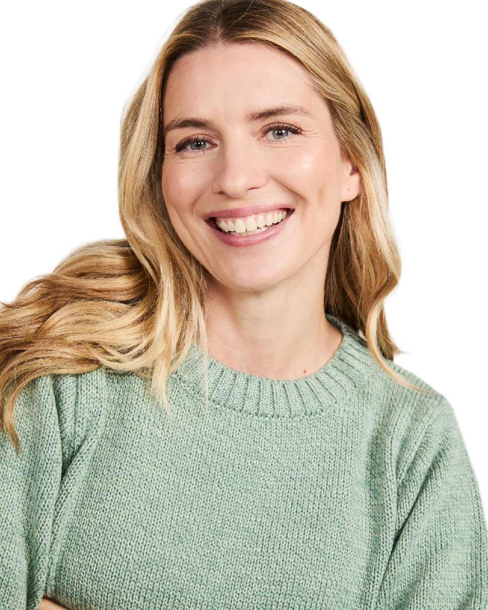Mint Coloured Aran Womens Aoife Supersoft Crewneck Sweater on white background 