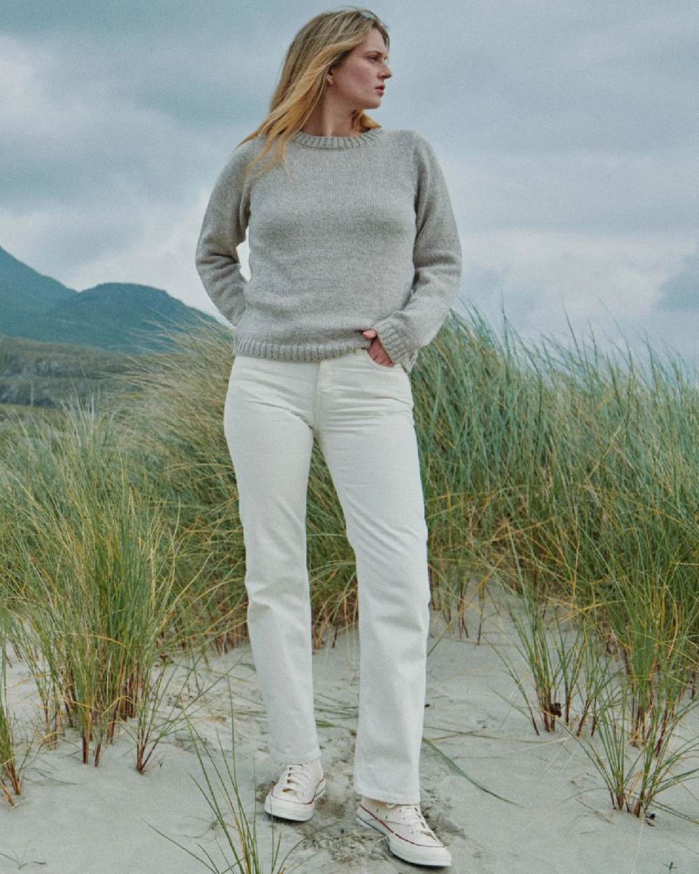 Oat Coloured Aran Womens Aoife Supersoft Crewneck Sweater on outdoor background 