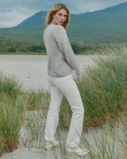 Oat Coloured Aran Womens Aoife Supersoft Crewneck Sweater on outdoor background 