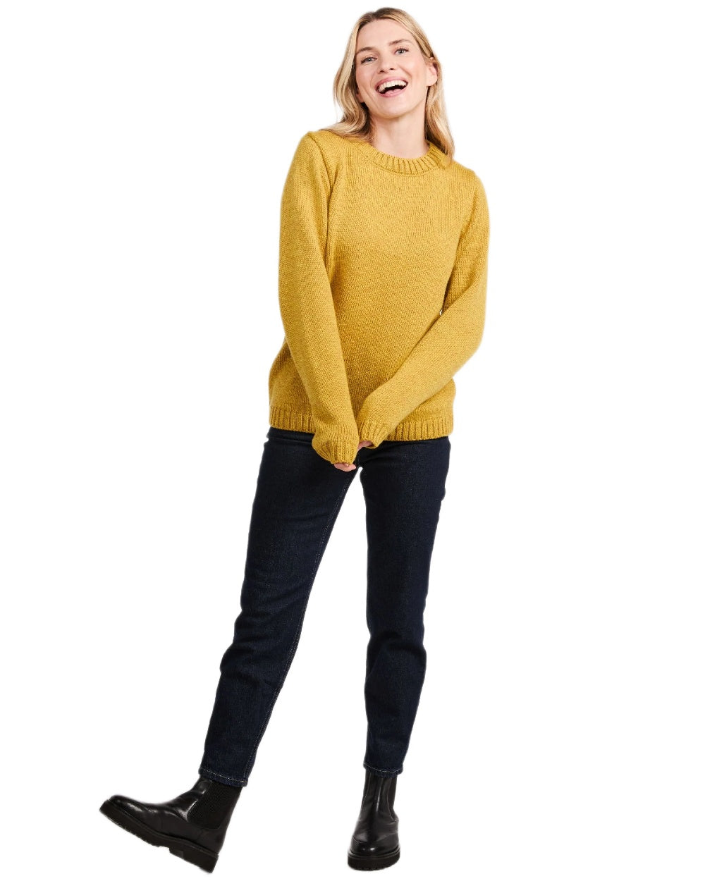 Yellow Coloured Aran Womens Aoife Supersoft Crewneck Sweater on white background 