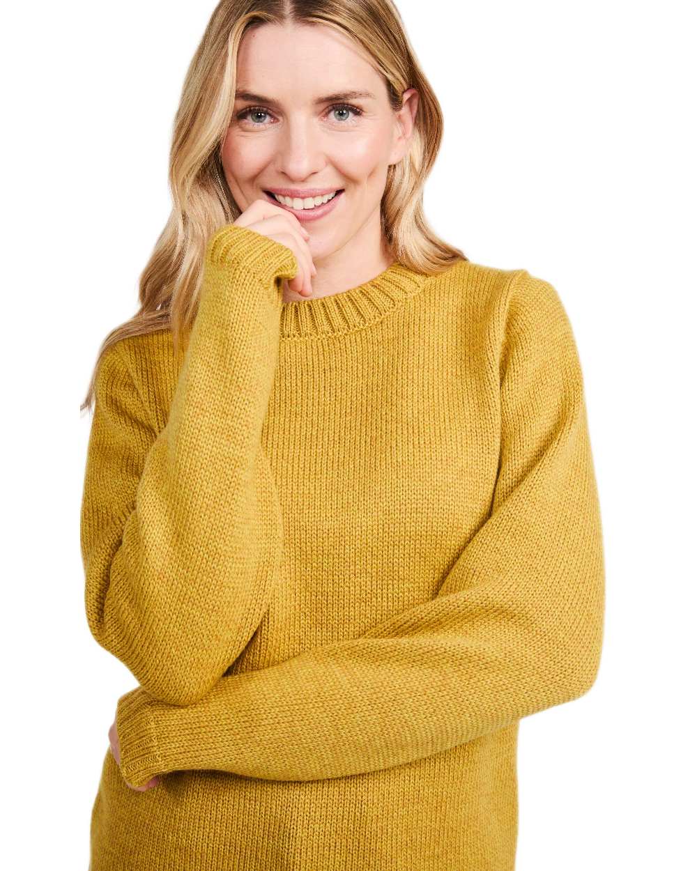 Yellow Coloured Aran Womens Aoife Supersoft Crewneck Sweater on white background 