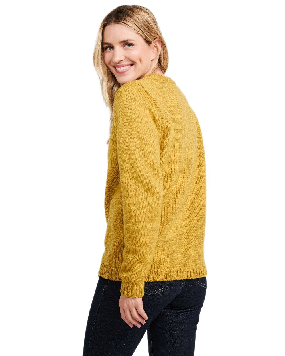 Yellow Coloured Aran Womens Aoife Supersoft Crewneck Sweater on white background 