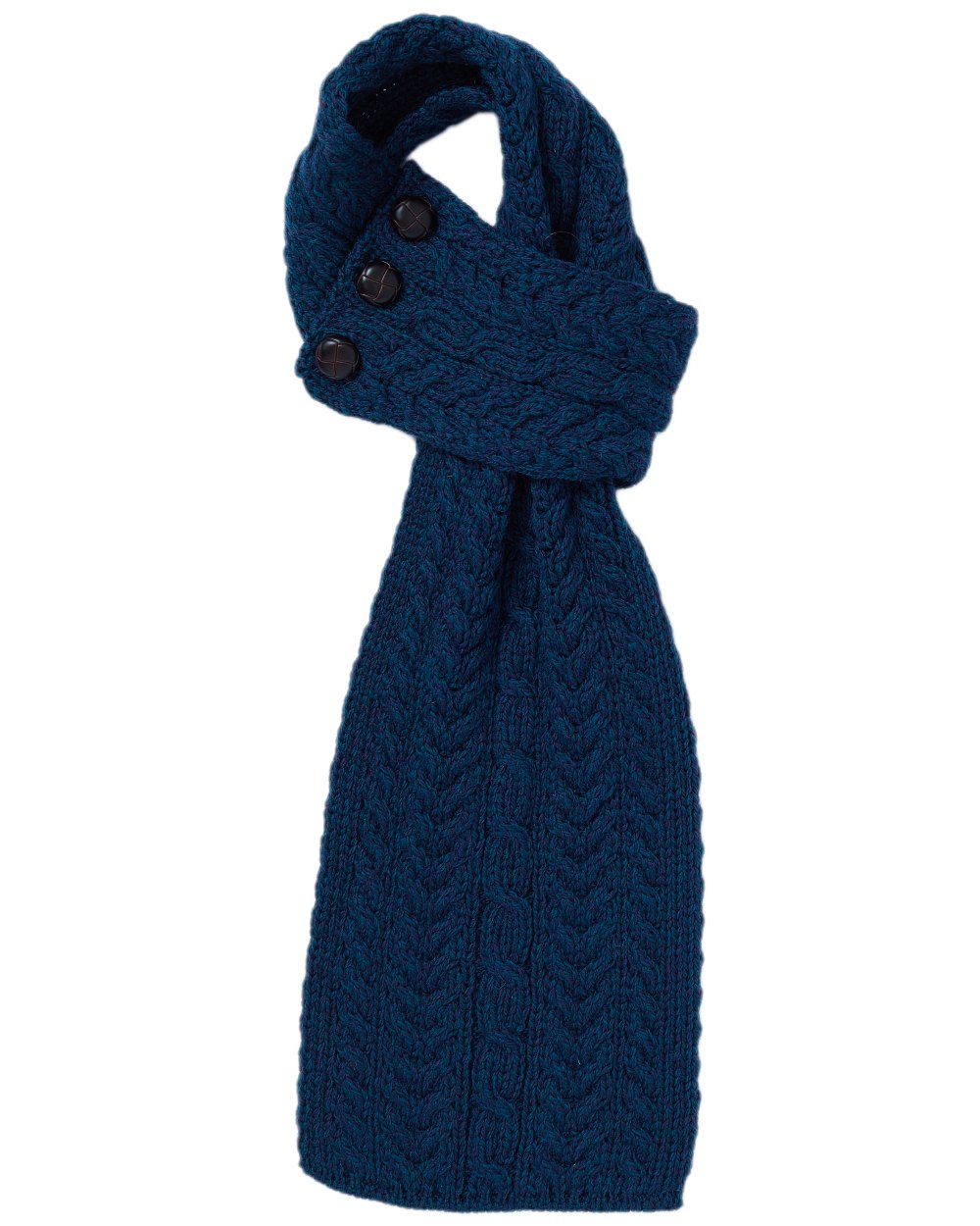 Atlantic Blue Coloured Aran Womens Ballina Buttoned Loop Scarf on white background 