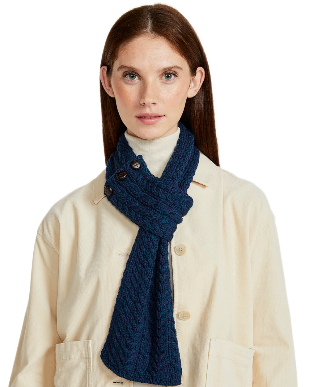 Atlantic Blue Coloured Aran Womens Ballina Buttoned Loop Scarf on white background 