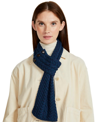Atlantic Blue Coloured Aran Womens Ballina Buttoned Loop Scarf on white background 