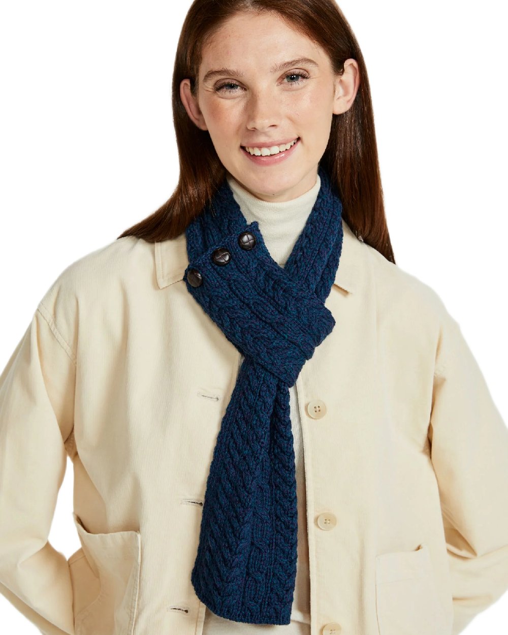 Atlantic Blue Coloured Aran Womens Ballina Buttoned Loop Scarf on white background 
