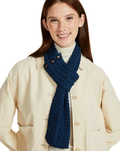 Atlantic Blue Coloured Aran Womens Ballina Buttoned Loop Scarf on white background 