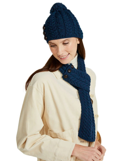 Atlantic Blue Coloured Aran Womens Ballina Buttoned Loop Scarf on white background 