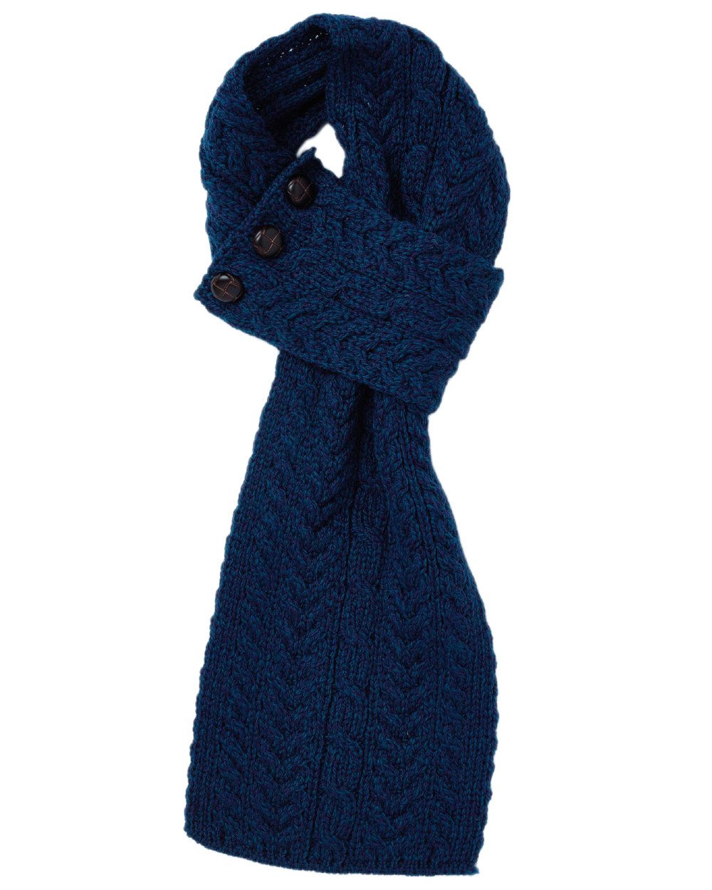 Atlantic Blue Coloured Aran Womens Ballina Buttoned Loop Scarf on white background 
