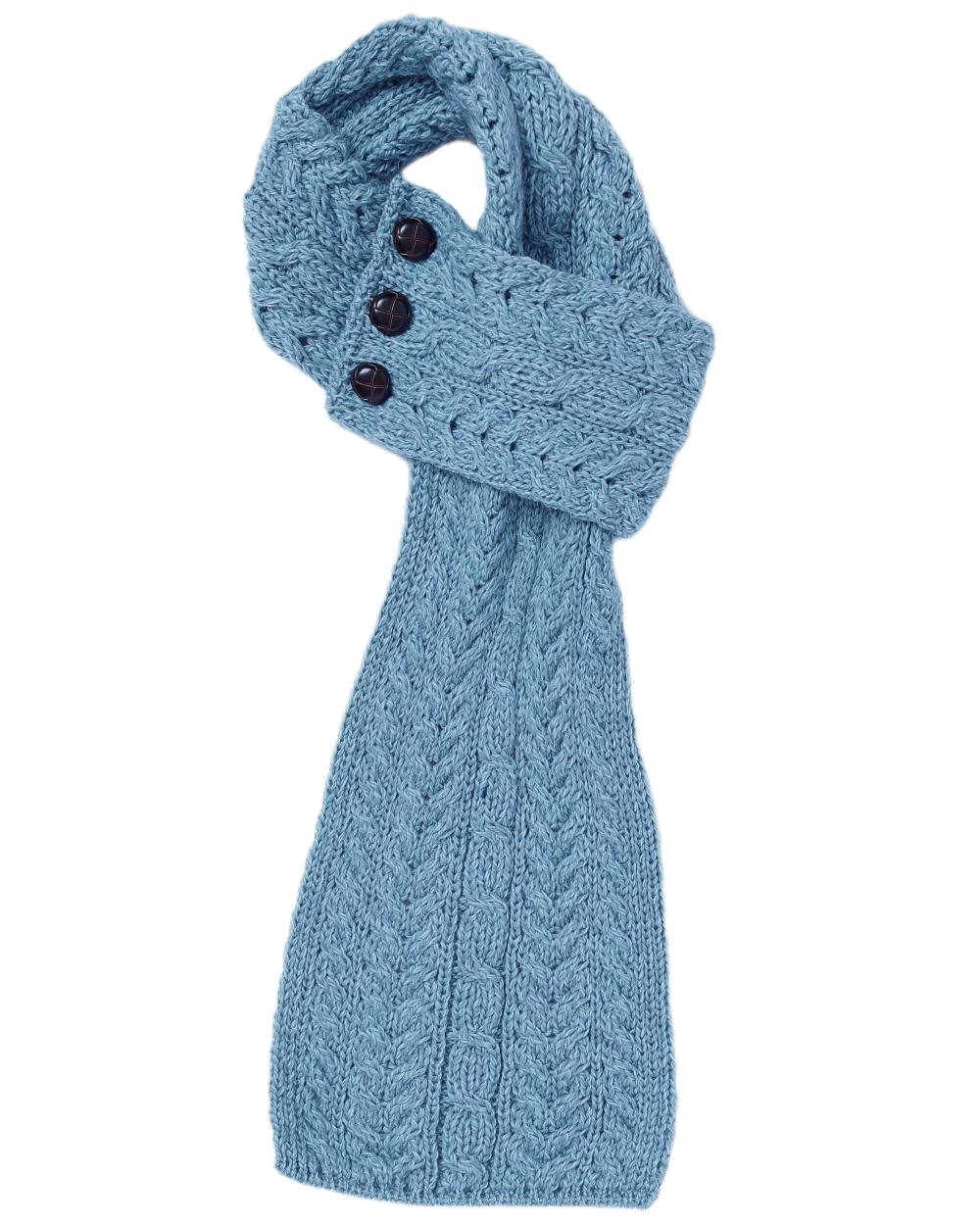 Blue Coloured Aran Womens Ballina Buttoned Loop Scarf on white background 