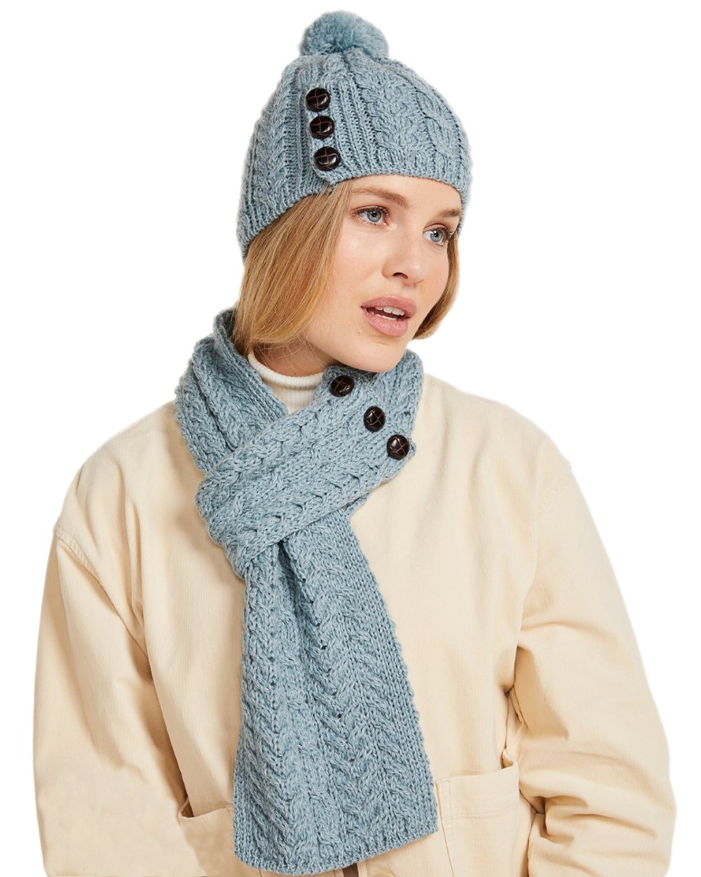Blue Coloured Aran Womens Ballina Buttoned Loop Scarf on white background 