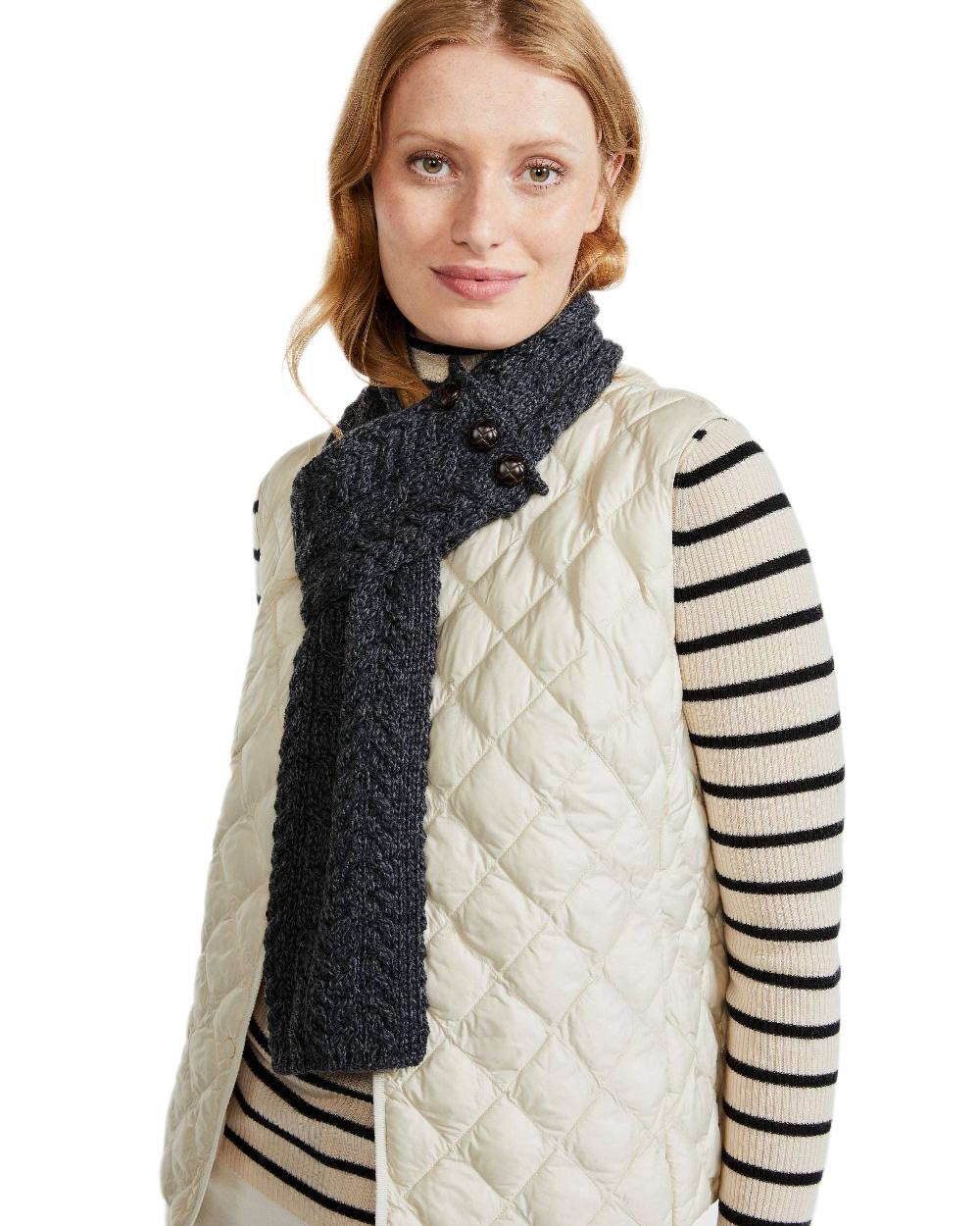 Charcoal Coloured Aran Womens Ballina Buttoned Loop Scarf on white background 