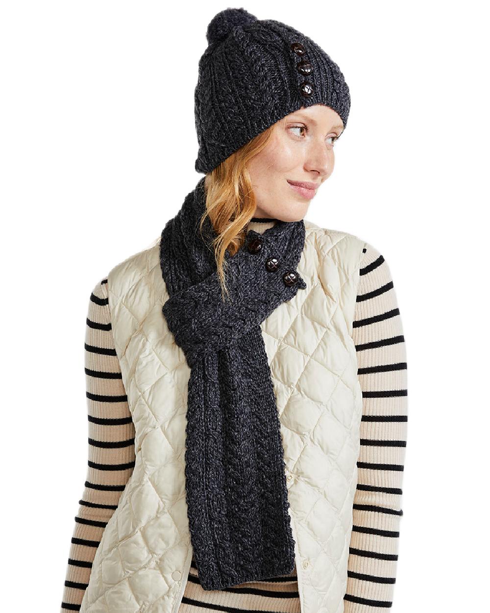 Charcoal Coloured Aran Womens Ballina Buttoned Loop Scarf on white background 