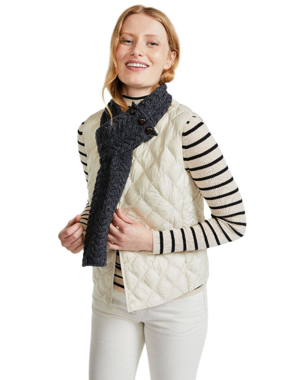 Charcoal Coloured Aran Womens Ballina Buttoned Loop Scarf on white background 