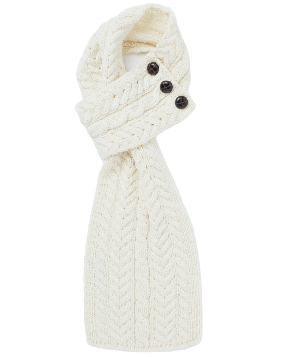 Cream Coloured Aran Womens Ballina Buttoned Loop Scarf on white background 
