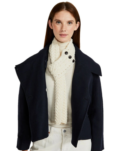 Cream Coloured Aran Womens Ballina Buttoned Loop Scarf on white background 
