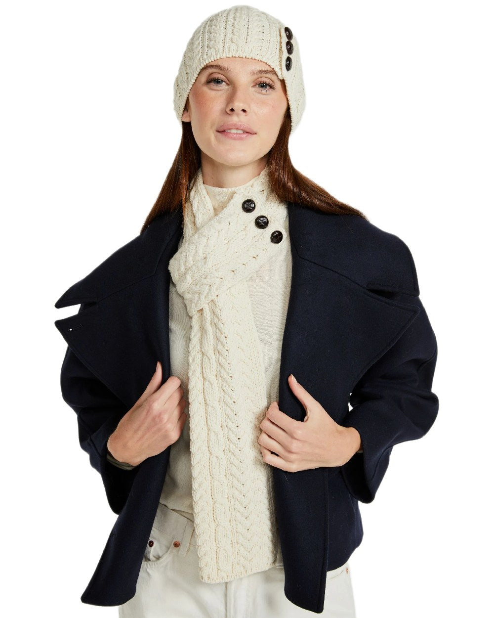 Cream Coloured Aran Womens Ballina Buttoned Loop Scarf on white background 