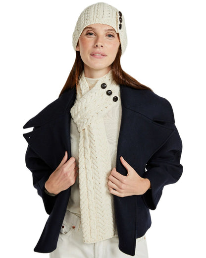 Cream Coloured Aran Womens Ballina Buttoned Loop Scarf on white background 