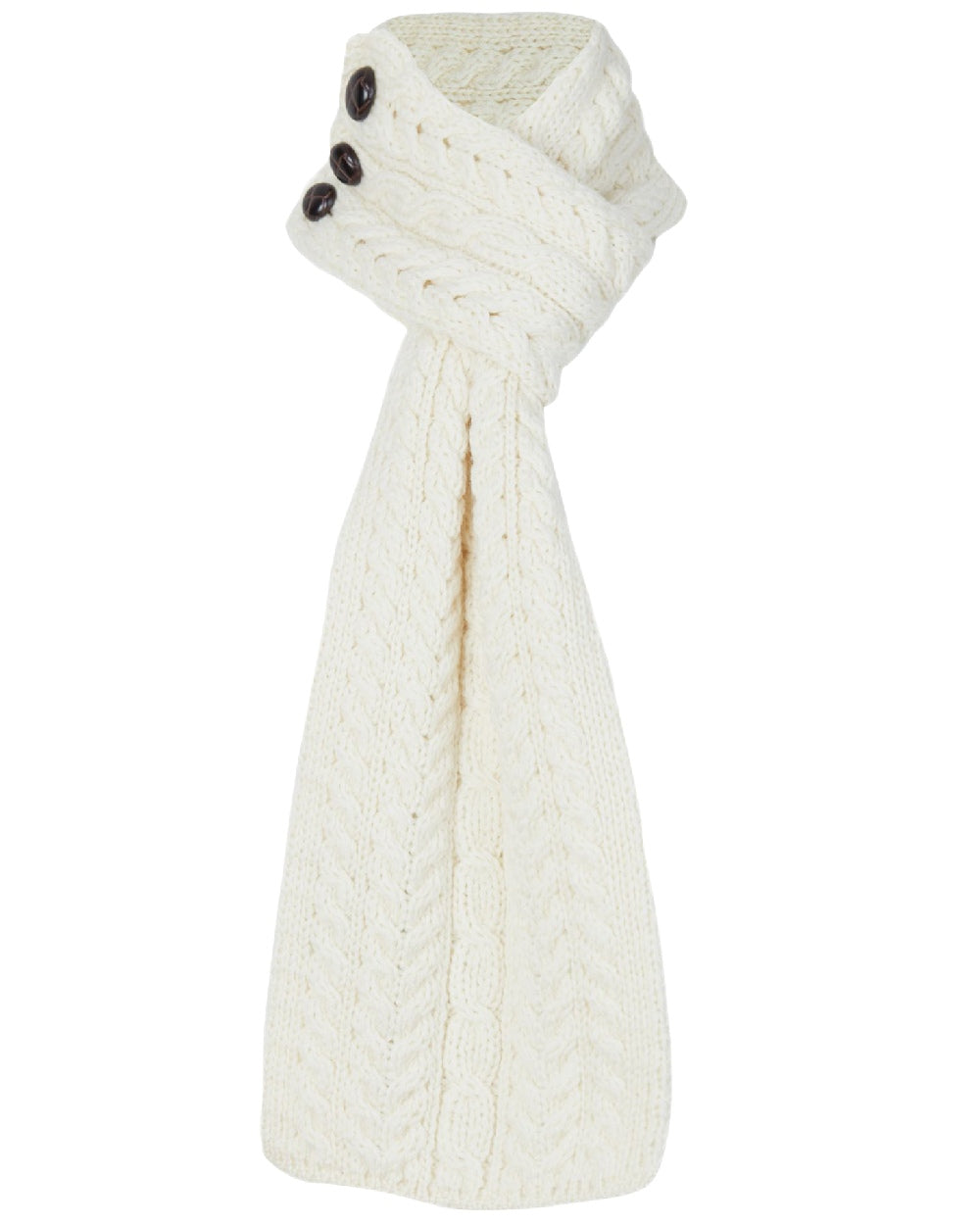 Cream Coloured Aran Womens Ballina Buttoned Loop Scarf on white background 