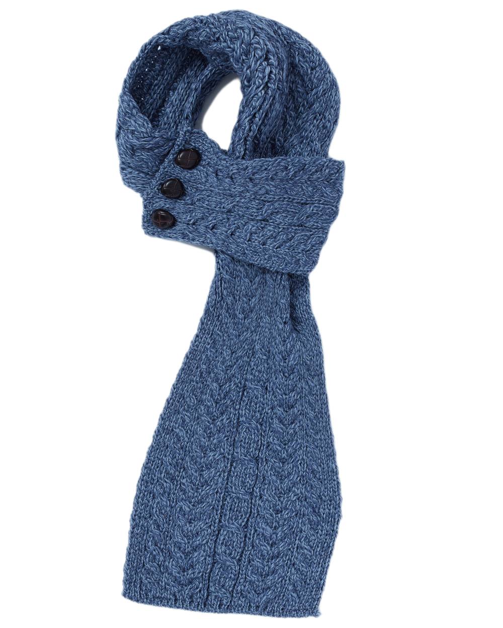 Denim Coloured Aran Womens Ballina Buttoned Loop Scarf on white background 
