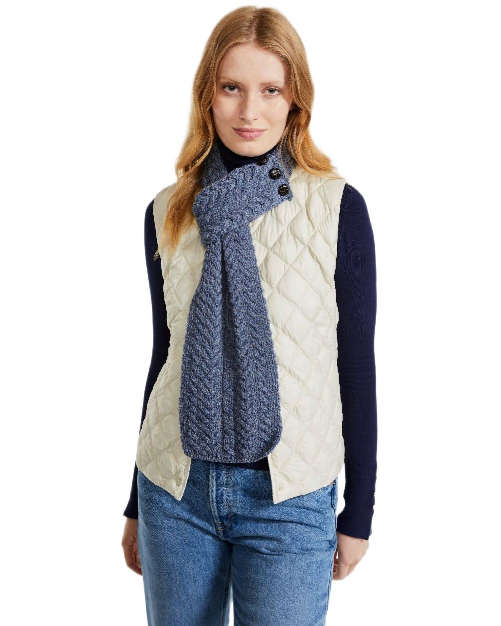Denim Coloured Aran Womens Ballina Buttoned Loop Scarf on white background 