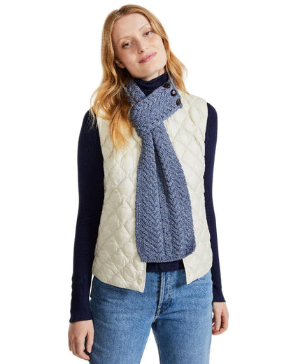 Denim Coloured Aran Womens Ballina Buttoned Loop Scarf on white background 