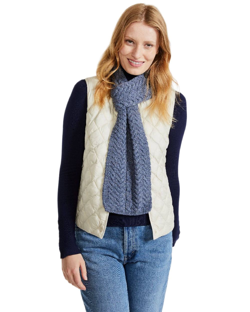Denim Coloured Aran Womens Ballina Buttoned Loop Scarf on white background 