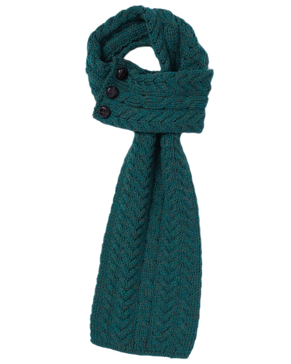 Forest Green Coloured Aran Womens Ballina Buttoned Loop Scarf on white background 