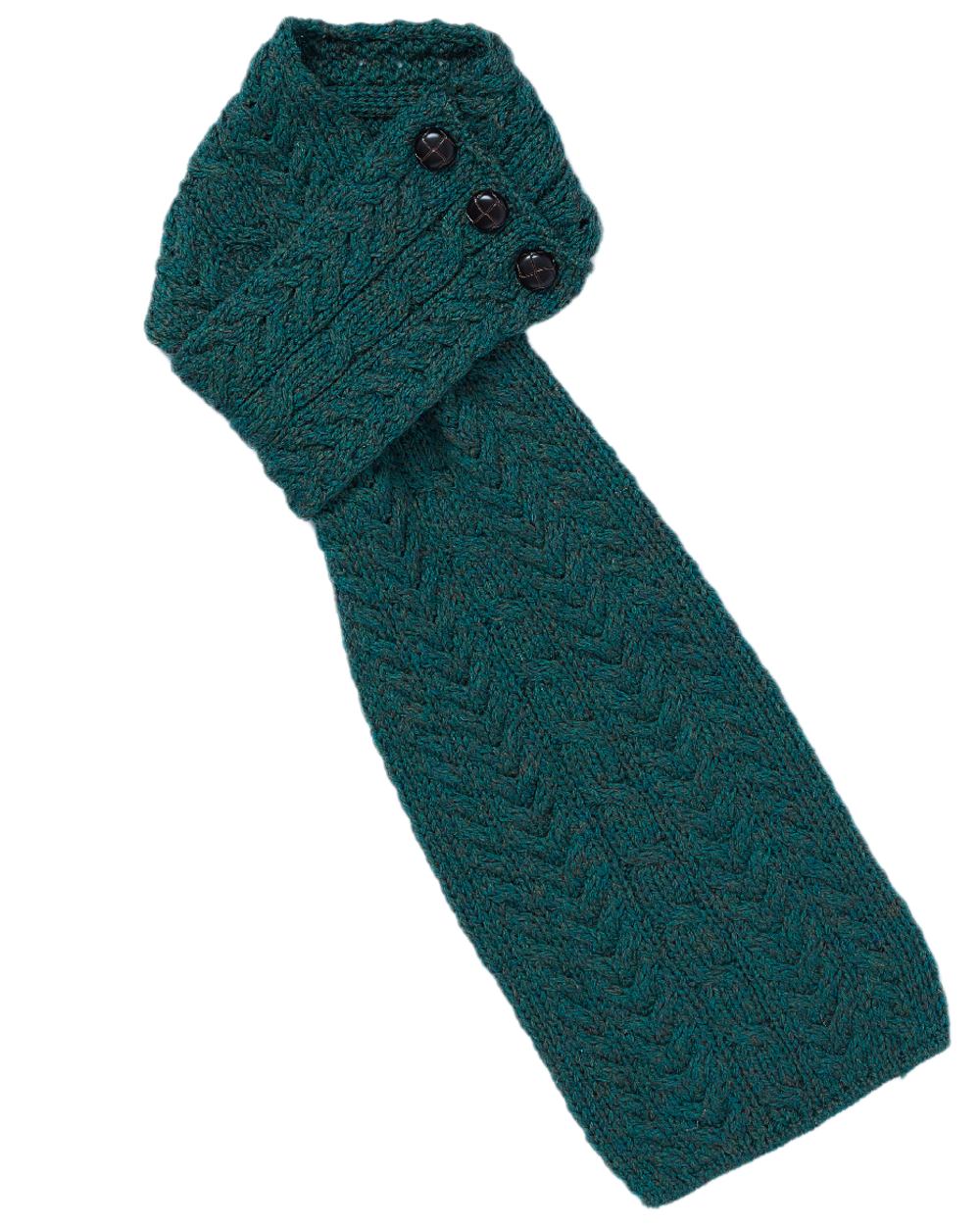 Forest Green Coloured Aran Womens Ballina Buttoned Loop Scarf on white background 