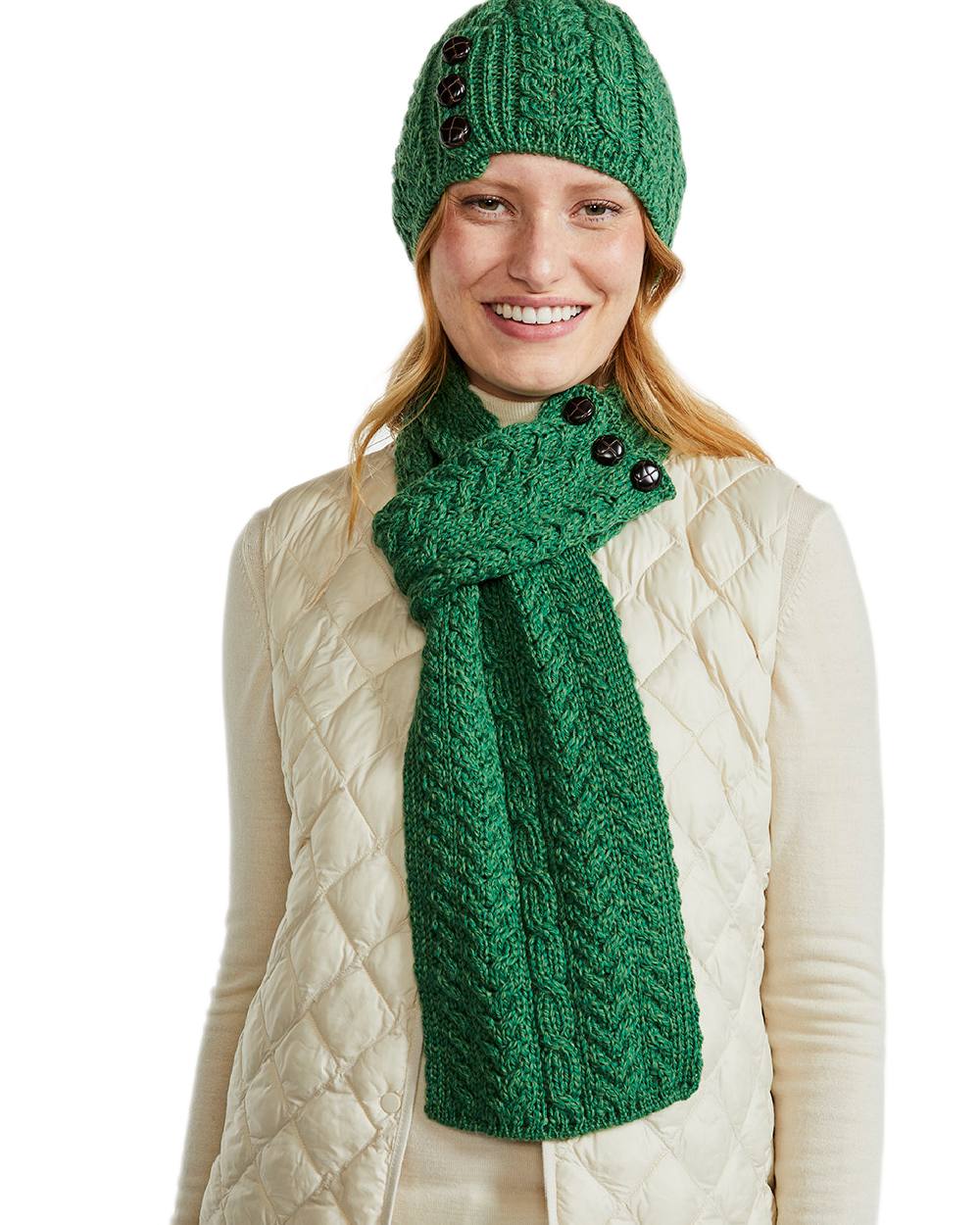 Green Coloured Aran Womens Ballina Buttoned Loop Scarf on white background 
