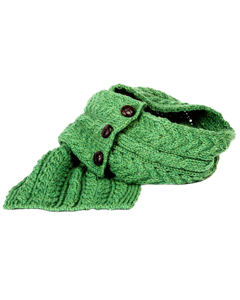 Green Coloured Aran Womens Ballina Buttoned Loop Scarf on white background 