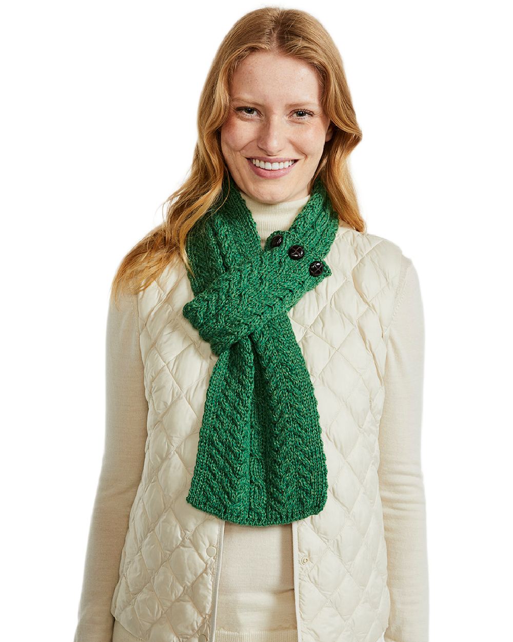 Green Coloured Aran Womens Ballina Buttoned Loop Scarf on white background 