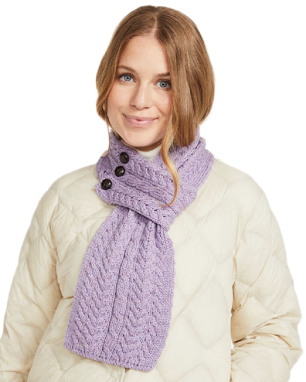 Lavender Coloured Aran Womens Ballina Buttoned Loop Scarf on white background 